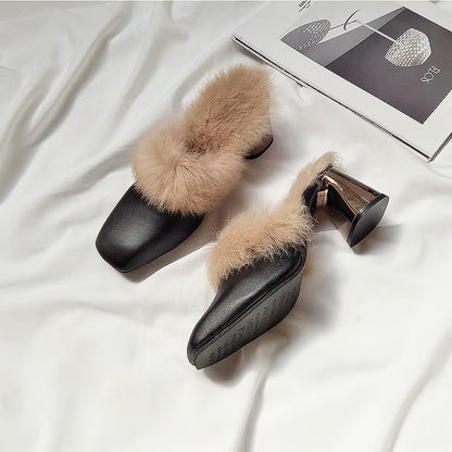 Autumn Winter Retro Square Toe Mules Women Warm Plush Fur Slippers Metal Thick Heel Slip on Flip Flops Comfort Furry Hair Slides