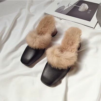 Autumn Winter Retro Square Toe Mules Women Warm Plush Fur Slippers Metal Thick Heel Slip on Flip Flops Comfort Furry Hair Slides