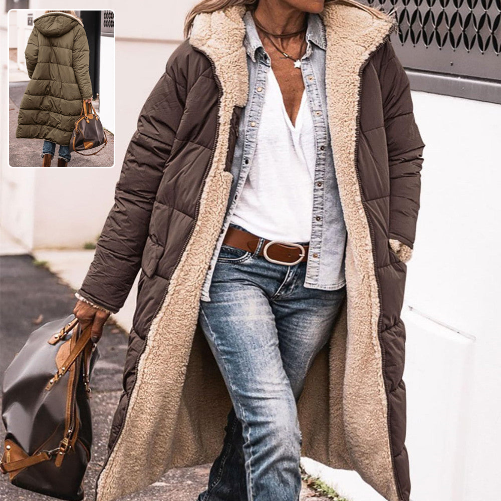 Solid Color Hooded Long Coat Winter Long Sleeve Double-Sided Wear Slim Elegant Cardigan Jacket Top Women'S Clothing