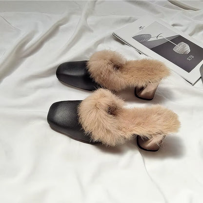 Autumn Winter Retro Square Toe Mules Women Warm Plush Fur Slippers Metal Thick Heel Slip on Flip Flops Comfort Furry Hair Slides