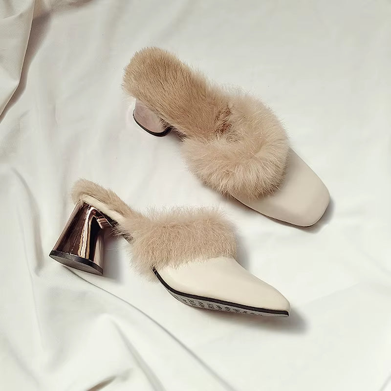 Autumn Winter Retro Square Toe Mules Women Warm Plush Fur Slippers Metal Thick Heel Slip on Flip Flops Comfort Furry Hair Slides